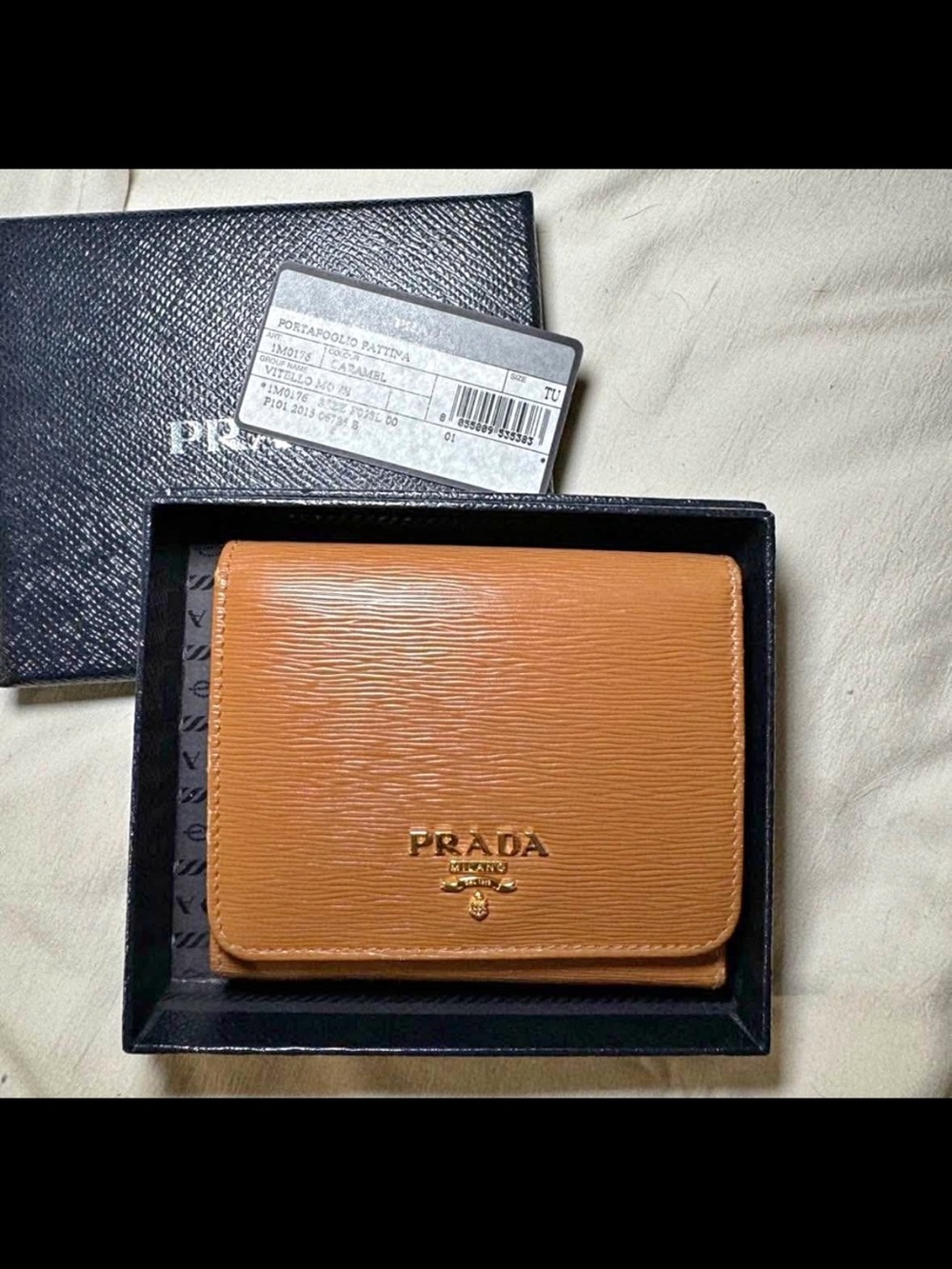 Prada Cognac Saffiano Leather Card Case with Gold Logo - Picture 1 of 6